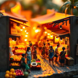 A diorama depicting a bustling marketplace at sunset, with warm golden and orange hues reflecting off the stalls and people