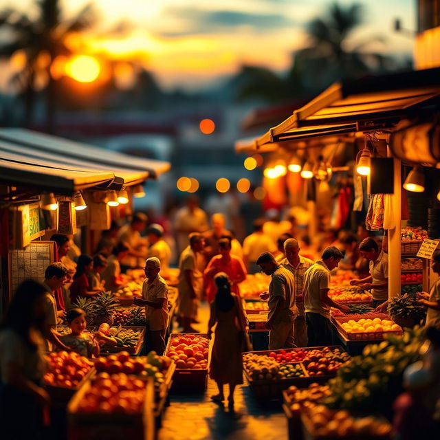 A diorama depicting a bustling marketplace at sunset, with warm golden and orange hues reflecting off the stalls and people