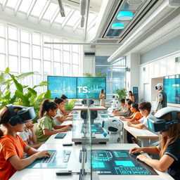 A futuristic educational environment featuring high-tech classrooms with holographic displays and interactive learning stations