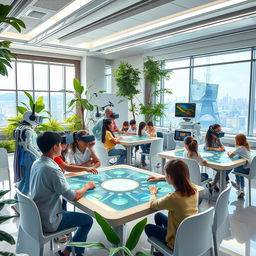 A futuristic educational environment featuring high-tech classrooms with holographic displays and interactive learning stations