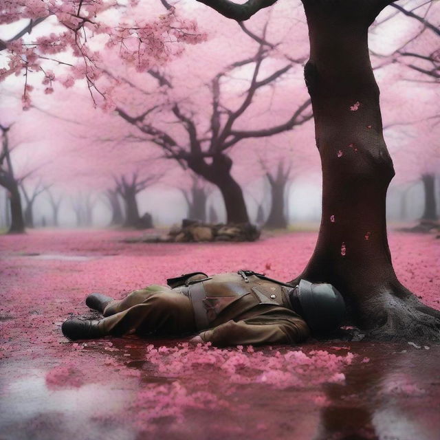 A high-quality photograph capturing a real soldier lying under a blooming Sakura tree, appearing to be in his final moments