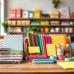 A visually appealing horizontal display of a variety of stationery items including colorful notebooks, pencils, pens, markers, sticky notes, and washi tape arranged neatly on a wooden table