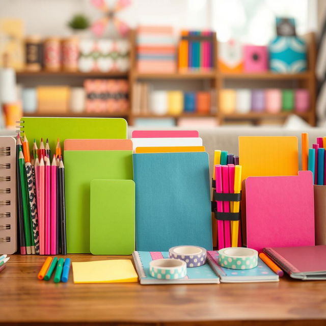 A visually appealing horizontal display of a variety of stationery items including colorful notebooks, pencils, pens, markers, sticky notes, and washi tape arranged neatly on a wooden table