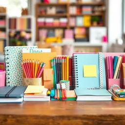A visually appealing horizontal display of a variety of stationery items including colorful notebooks, pencils, pens, markers, sticky notes, and washi tape arranged neatly on a wooden table