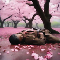 A high-quality photograph capturing a real soldier lying under a blooming Sakura tree, appearing to be in his final moments