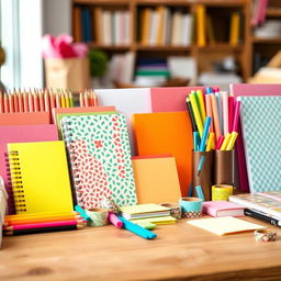 A visually appealing horizontal display of a variety of stationery items including colorful notebooks, pencils, pens, markers, sticky notes, and washi tape arranged neatly on a wooden table