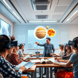 A futuristic education scene set in a high-tech classroom filled with advanced technology