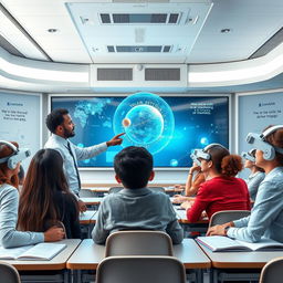 A futuristic education scene set in a high-tech classroom filled with advanced technology