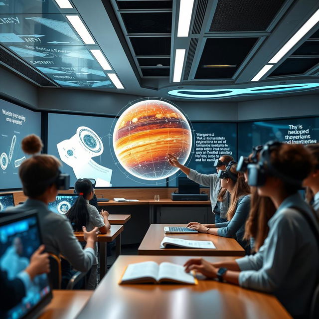 A futuristic education scene set in a high-tech classroom filled with advanced technology