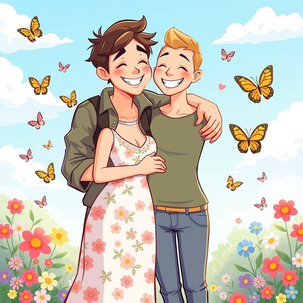 A heartwarming cartoon of a husband and wife embracing each other with smiles on their faces, surrounded by colorful flowers and butterflies