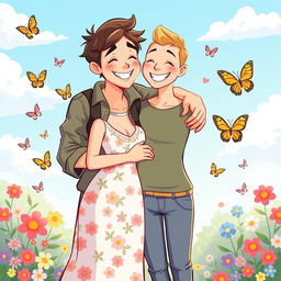 A heartwarming cartoon of a husband and wife embracing each other with smiles on their faces, surrounded by colorful flowers and butterflies