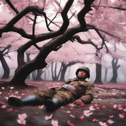 A high-quality photograph capturing a real soldier lying under a blooming Sakura tree, appearing to be in his final moments