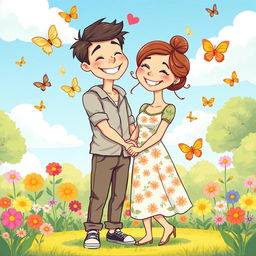 A heartwarming cartoon of a husband and wife embracing each other with smiles on their faces, surrounded by colorful flowers and butterflies