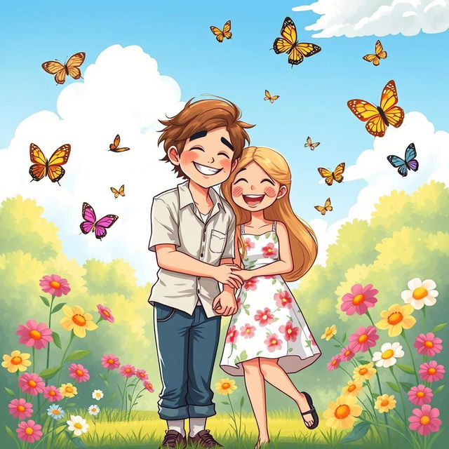 A heartwarming cartoon of a husband and wife embracing each other with smiles on their faces, surrounded by colorful flowers and butterflies