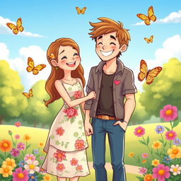 A heartwarming cartoon of a husband and wife embracing each other with smiles on their faces, surrounded by colorful flowers and butterflies