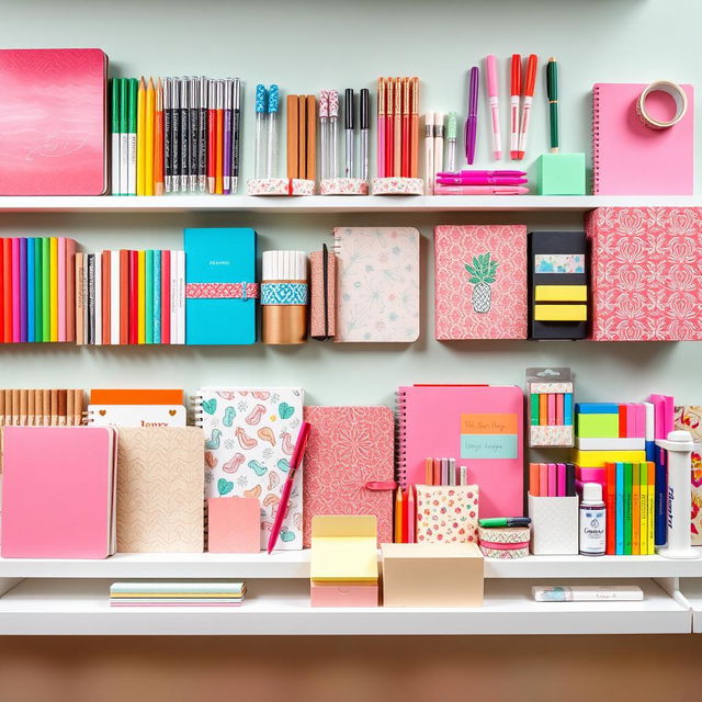 A stunning horizontal display of various stationery items for a stationery shop