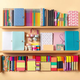 A stunning horizontal display of various stationery items for a stationery shop