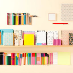 A stunning horizontal display of various stationery items for a stationery shop