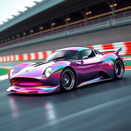 A stunning digital creation of a futuristic French racecar inspired by Disney's Turbo, featuring a striking chameleon pearl metallic finish that shifts colors in the light