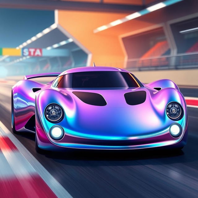 A stunning digital creation of a futuristic French racecar inspired by Disney's Turbo, featuring a striking chameleon pearl metallic finish that shifts colors in the light