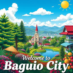 A vibrant and detailed poster of Baguio City, showcasing the lush pine trees, the colorful flower gardens, and the iconic Burnham Park lake