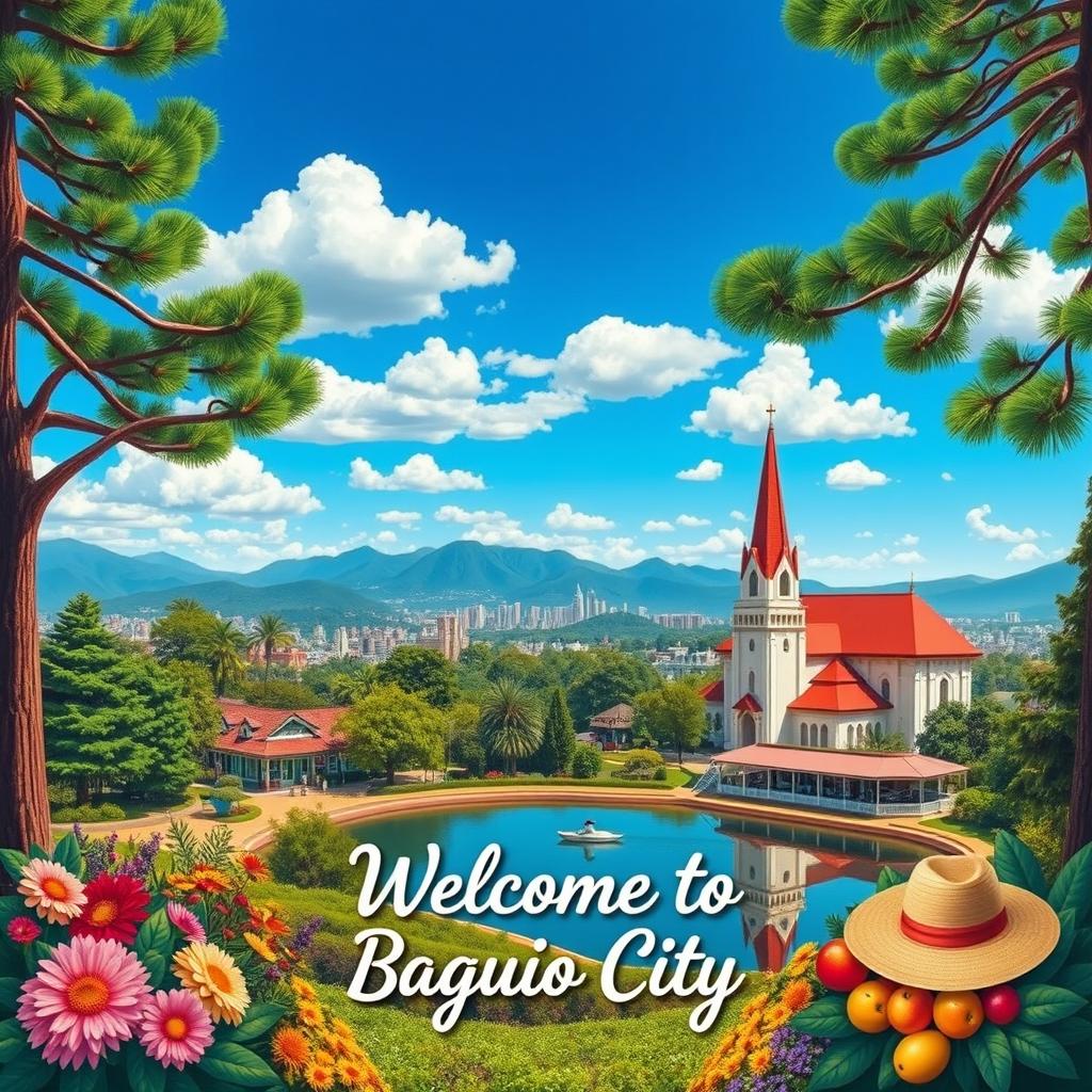 A vibrant and detailed poster of Baguio City, showcasing the lush pine trees, the colorful flower gardens, and the iconic Burnham Park lake