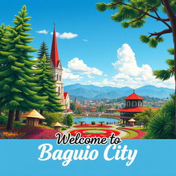 A vibrant and detailed poster of Baguio City, showcasing the lush pine trees, the colorful flower gardens, and the iconic Burnham Park lake
