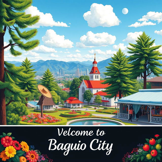 A vibrant and detailed poster of Baguio City, showcasing the lush pine trees, the colorful flower gardens, and the iconic Burnham Park lake