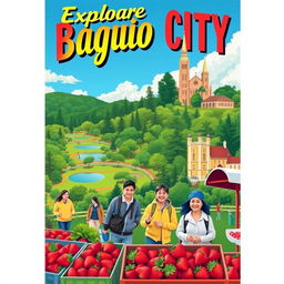 A vibrant and colorful travel poster showcasing Baguio City, Philippines