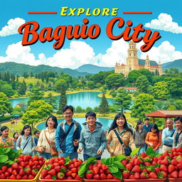 A vibrant and colorful travel poster showcasing Baguio City, Philippines