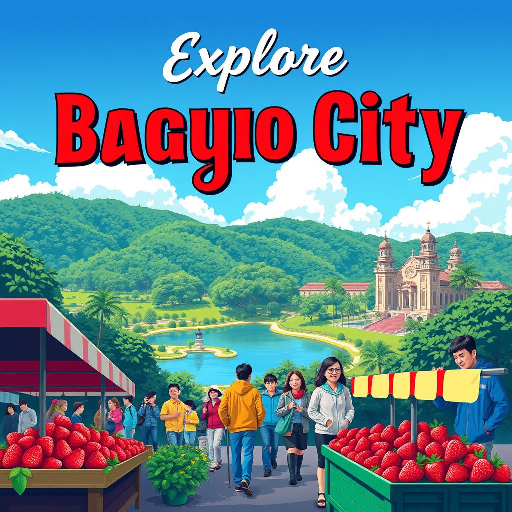 A vibrant and colorful travel poster showcasing Baguio City, Philippines