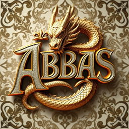 A three-dimensional design of the word 'ABBAS' surrounded by a majestic dragon, featuring intricate ornamental patterns