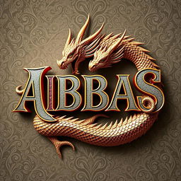 A three-dimensional design of the word 'ABBAS' surrounded by a majestic dragon, featuring intricate ornamental patterns