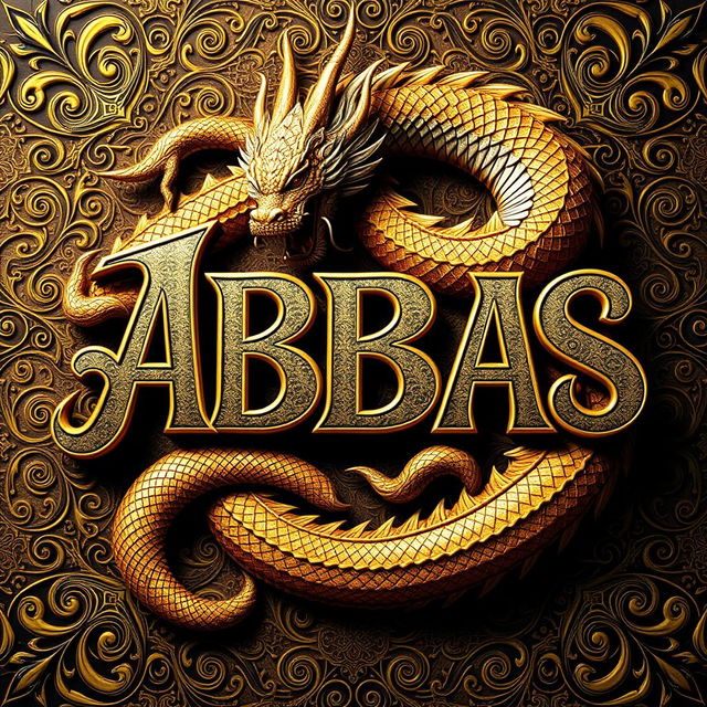 A three-dimensional design of the word 'ABBAS' surrounded by a majestic dragon, featuring intricate ornamental patterns