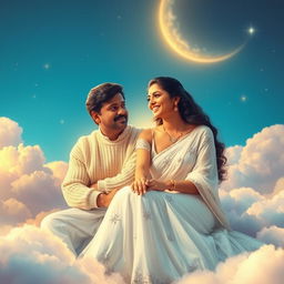 A celestial scene depicting Ram Gopal Verma and Sridevi sitting together in a heavenly setting