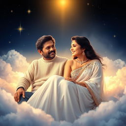A celestial scene depicting Ram Gopal Verma and Sridevi sitting together in a heavenly setting
