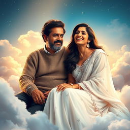 A celestial scene depicting Ram Gopal Verma and Sridevi sitting together in a heavenly setting