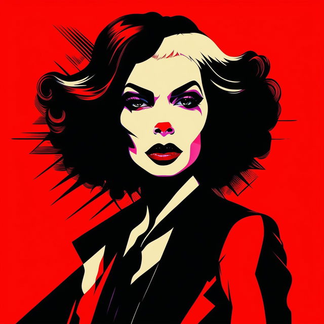 A vibrant pop art digital art image featuring a modern Cruella Deville with brown skin