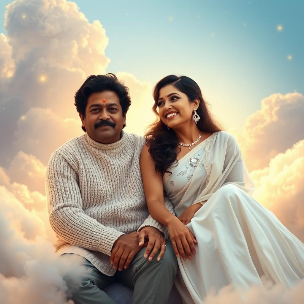 A celestial scene depicting Ram Gopal Verma and Sridevi sitting together in a heavenly setting