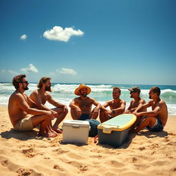 A group of five men sitting on the sandy shore, engaged in animated conversation, with the ocean waves gently crashing in the background