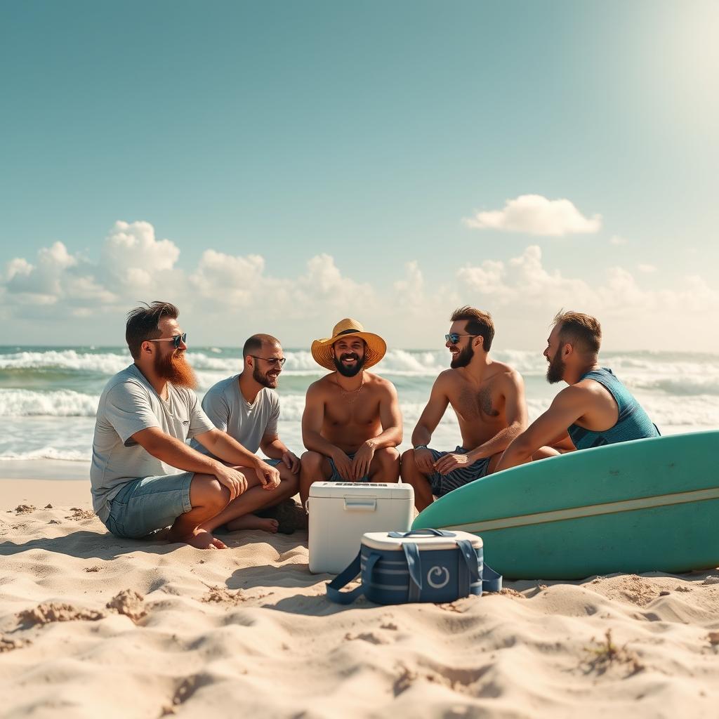 A group of five men sitting on the sandy shore, engaged in animated conversation, with the ocean waves gently crashing in the background