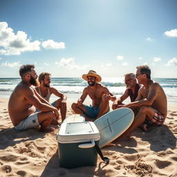A group of five men sitting on the sandy shore, engaged in animated conversation, with the ocean waves gently crashing in the background