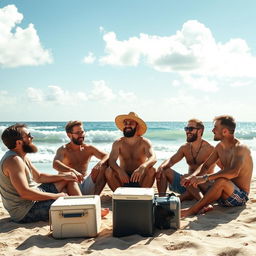 A group of five men sitting on the sandy shore, engaged in animated conversation, with the ocean waves gently crashing in the background