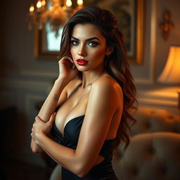 A sensual and elegant portrait of a woman resembling a glamorous figure, inspired by Georgina Rodriguez, posed in an artistic manner that emphasizes her beauty