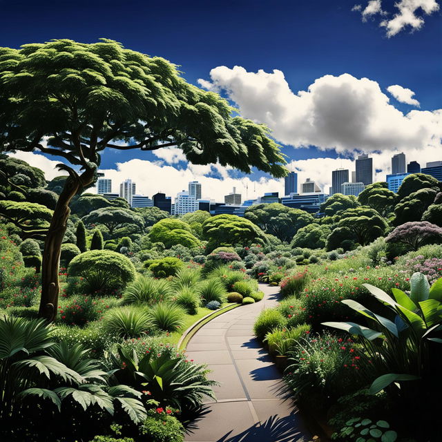 A detailed digital art image of Wellington Botanic Gardens, featuring lush greenery, a variety of flora, and a panoramic view of the cityscape of Wellington