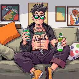 A vibrant and detailed illustration of Sullivan, the character from the Monster Factory animation, sitting casually on a stylish sofa