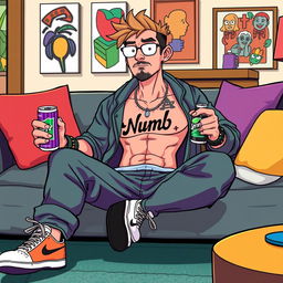 A vibrant and detailed illustration of Sullivan, the character from the Monster Factory animation, sitting casually on a stylish sofa