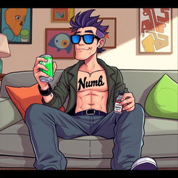 A vibrant and detailed illustration of Sullivan, the character from the Monster Factory animation, sitting casually on a stylish sofa