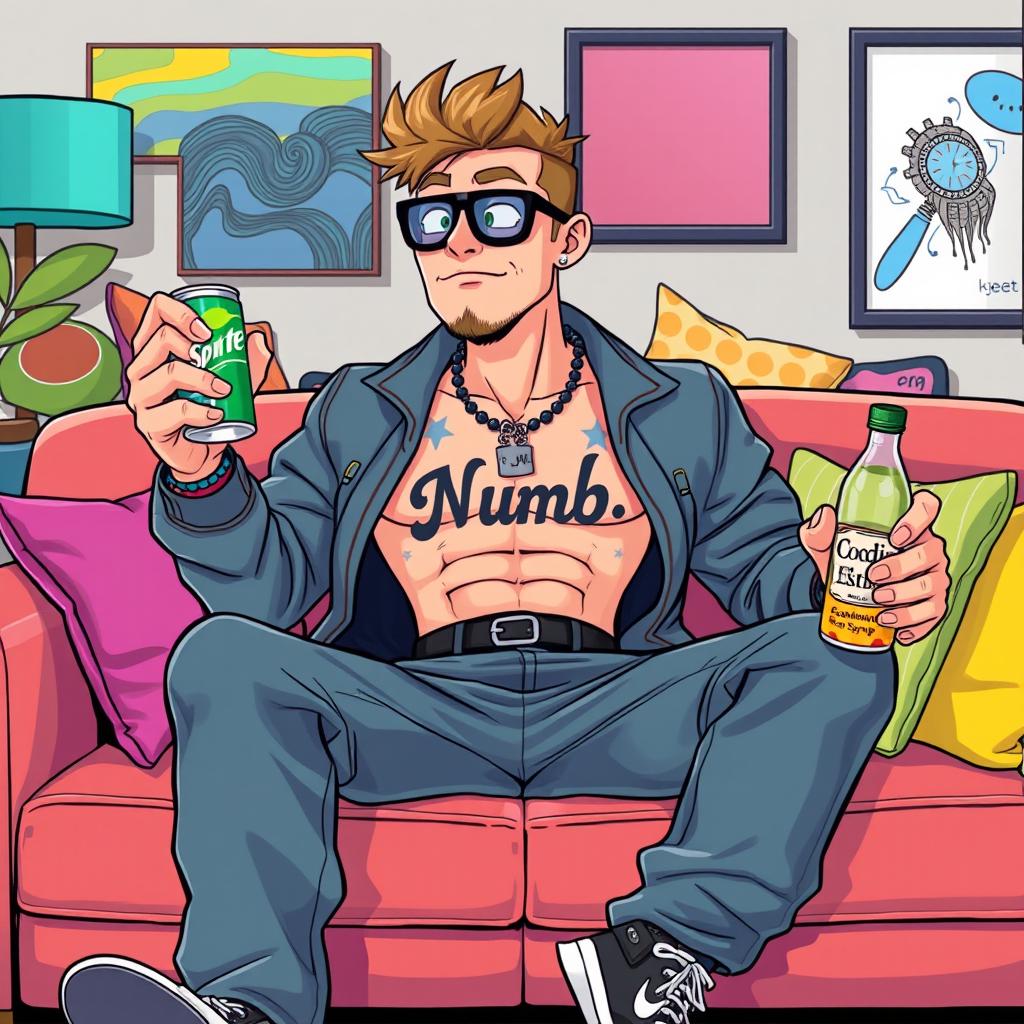A vibrant and detailed illustration of Sullivan, the character from the Monster Factory animation, sitting casually on a stylish sofa