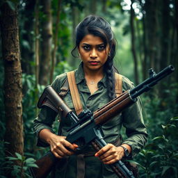 A powerful image of a woman resembling Ashika Ranganathan, depicted as a Naxalite warrior in a dense, green forest